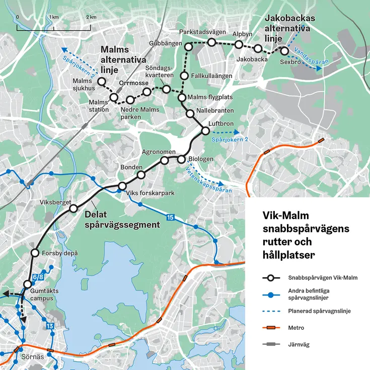 Karta av snabbspårvägens rutter och hållplatser.