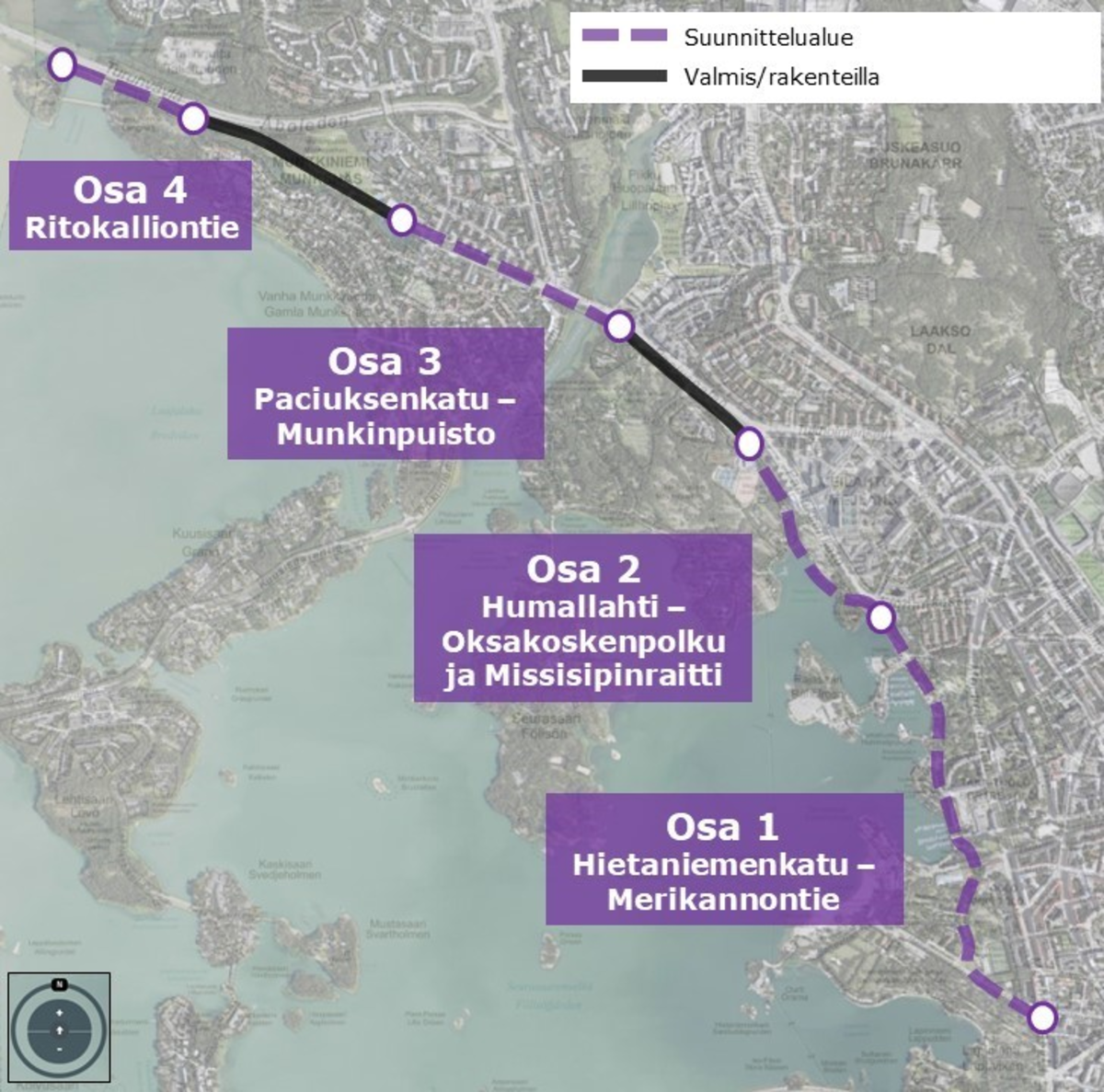 Karta över planeringsområdet för Munksnäsbanan. Bild: Ramboll