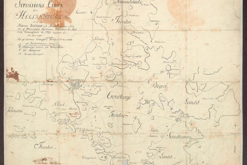 An old Swedish map of Helsinki and its surrounding islands from 1739.