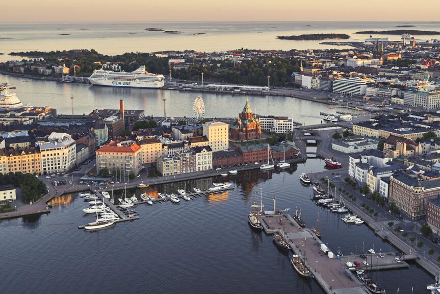 Helsinki center city line seen from above during the summer.