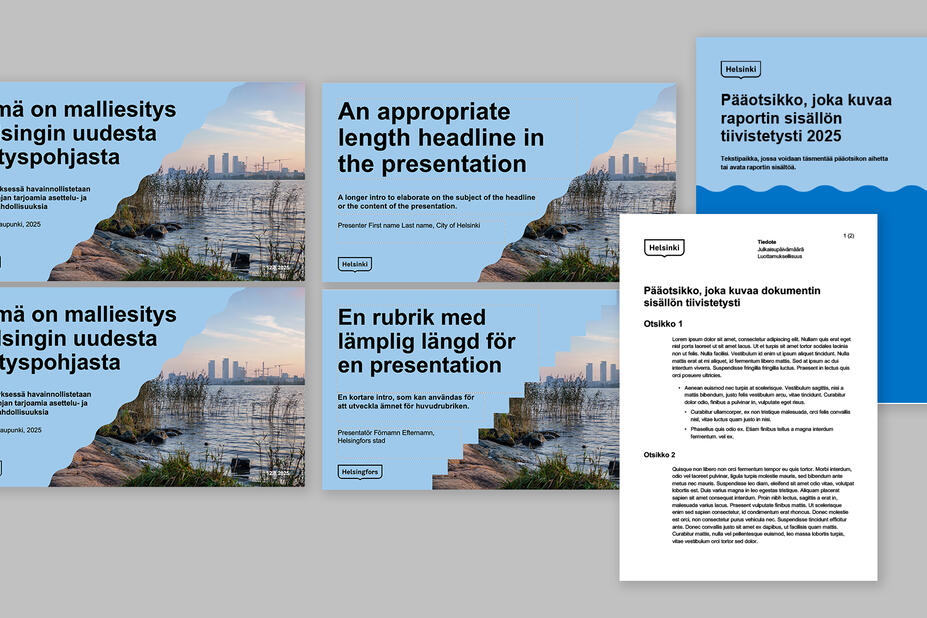 Kuvakollaasi Powerpoint ja Word pohjien kansilehdistä.