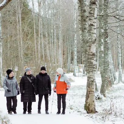 Four people walking in a winter landscape.