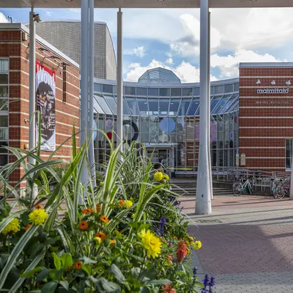 A glass entrance to a brick building with flowers in the foreground. 