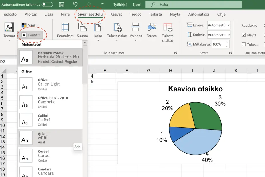 Fonttiteeman asettaminen, ruutukaappaus Excelistä 