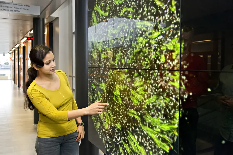 Woman touching a smart screen.