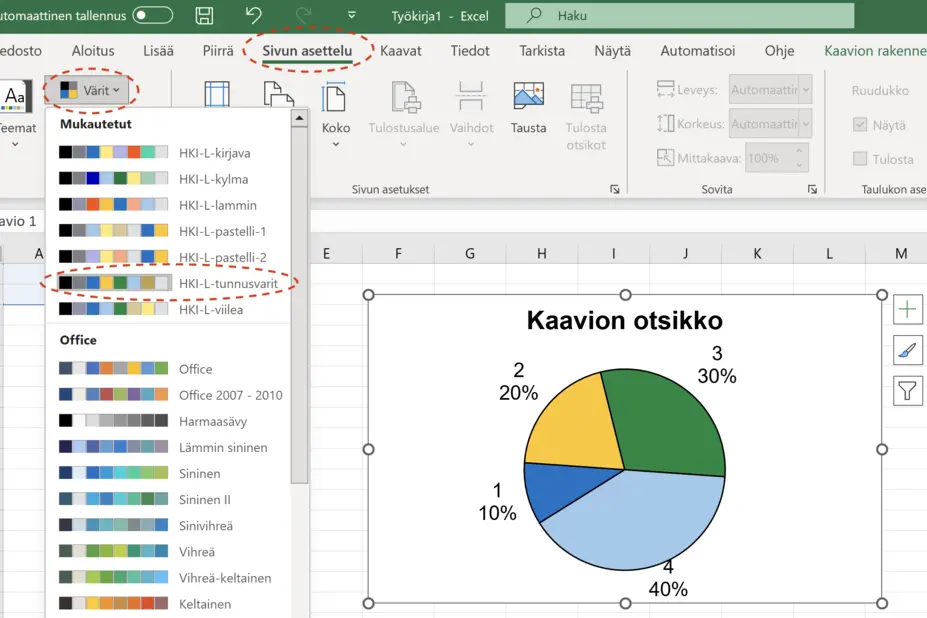 Väriteeman asettaminen, ruutukaappaus Excelistä