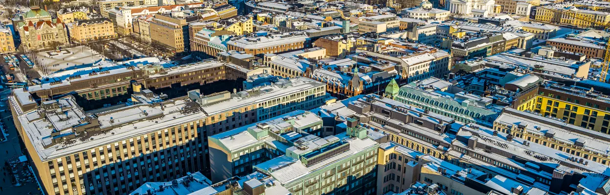 Ilmakuva kaupunkinäkymästä Helsingissä.