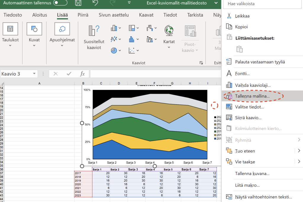 Tallenna mallina, ruutukaappaus Excelistä