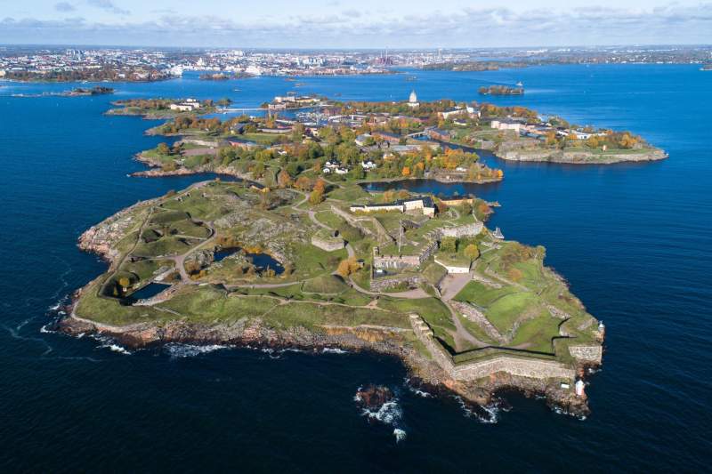 Aerial view of Suomenlinna in the summer.