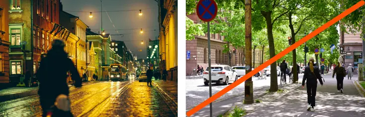 Kaupunkikuvia sateella ja aurinkoisena päivänä. 