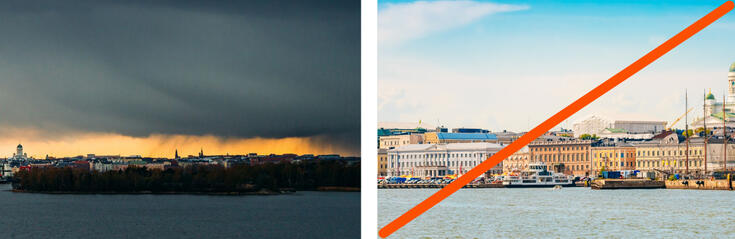 The storm cloud over the city looks beautiful and interesting, while also creating a slightly threatening and oppressive atmosphere; compare it to the image with the same subject shot in more average weather.  Photo: Jussi Hellsten ja Adobe stock: Grigory Bruev