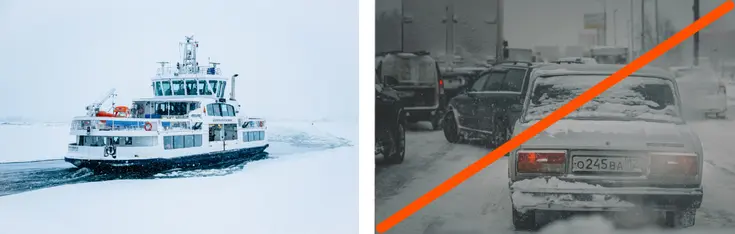 Jäänmurtaja ja auto lumen peitossa. 