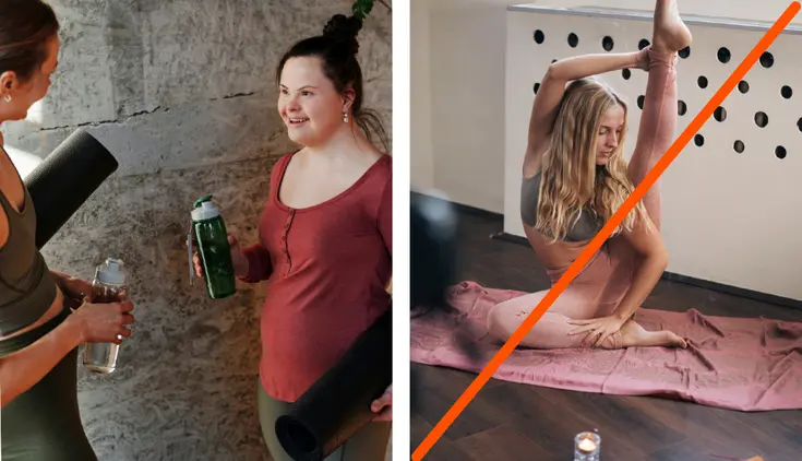 Erilaisia ihmisiä joogaamassa. 