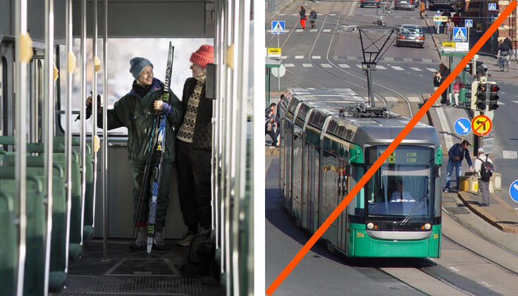 A skier on board a tram evokes thoughts of nature nearby. A tram shot from the outside does not tell a story in the same way. Photo: Juha Valkeajoki ja Helsinki.contenthub.fi.