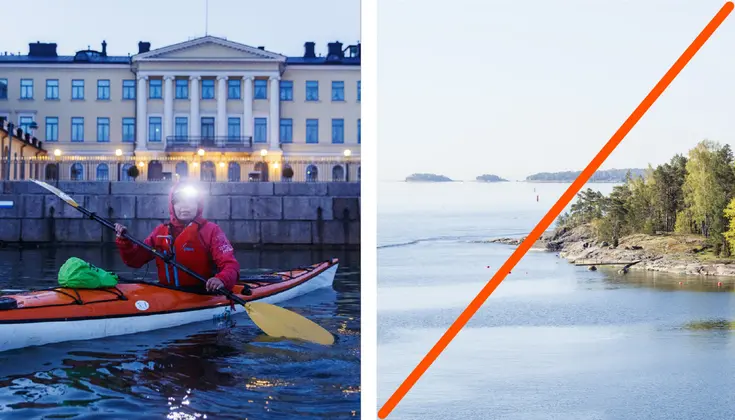 Nainen melomassa kaupungintalon edessä ja luontokuva. 