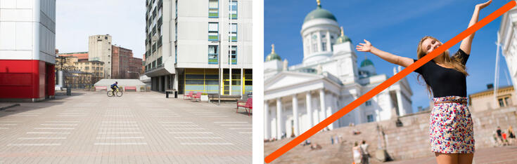 Helsinki is not always teeming with people, and it has architecture that divides opinions, which makes our city so special. This may make a more original image than a prettified one. Photo: Helsinki.contenthub.fi ja iStockphoto: Jarih