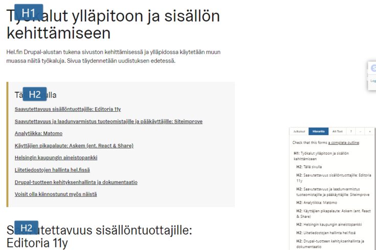 Otsikkohierarkian tarkistaminen Editoria11y-lisäosalla.