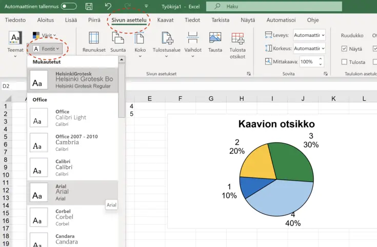 Fonttiteeman asettaminen, ruutukaappaus Excelistä 