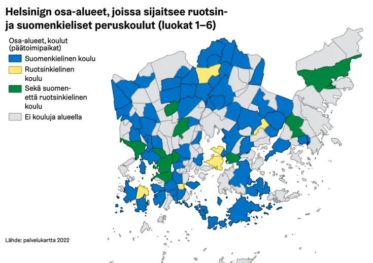 Laadullinen koropleettikartta, jossa esitetään Helsingin osa-alueet joissa sijaitsee suomen- tai ruotsinkielinen kouluja.