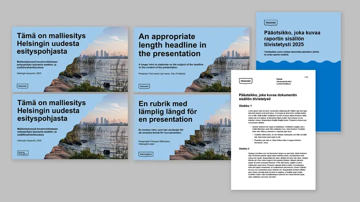 Kuvakollaasi Powerpoint ja Word pohjien kansilehdistä.
