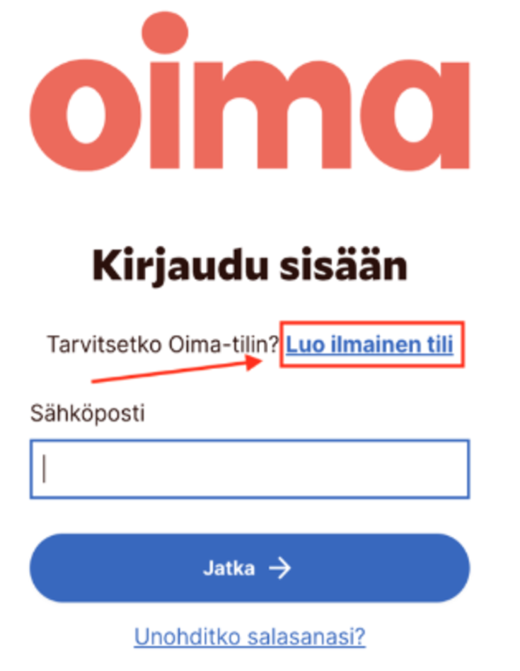 Kuva Oima-palvelun tunnusten luomisesta. Kuvassa on ympyröity teksti, jossa lukee luo ilmainen tili. Sitä klikkaamalla saat luotua itsellesi oman Oima-tilin.
