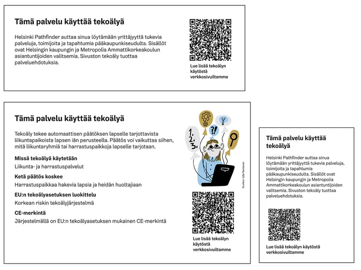 Visuaalinen palveluilmoituksen toteutus, kolme eri toteutustapaa.