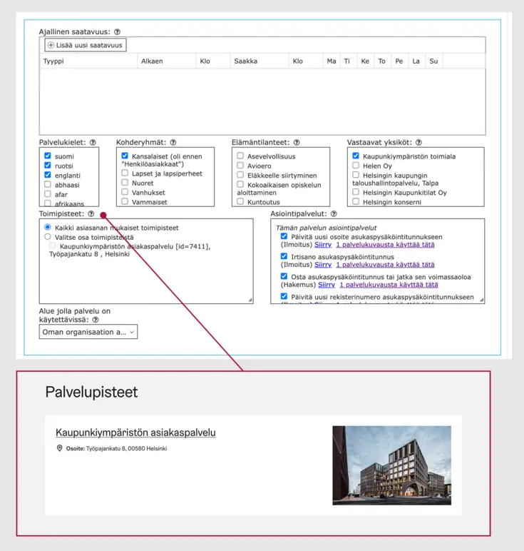 Kuvakaappaus palvelupisteiden tiedoista palvelukuvausrekisteristä ja palvelusivulta.
