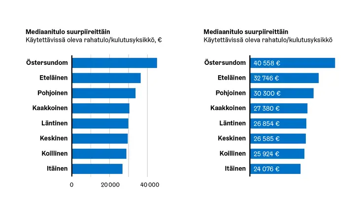 Yksi vaakapylväskuvio hilaviivoilla, ja toinen  suoralla nimiöinnillä ilman hilaviivoja.