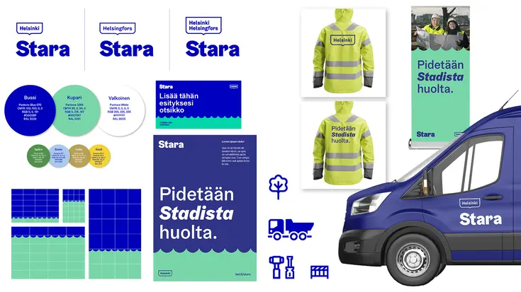 Staran visuaaliseen ilmeen esimerkkejä kuten tunnus, värit, työvaatteet, juliste, rollupp, auto ja koromuodot. 