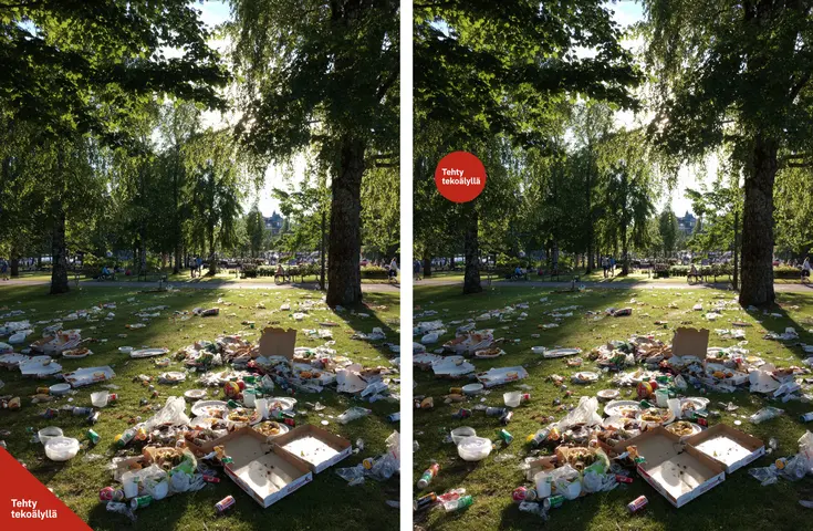 Kaksi visuaalista tapaa merkitä tekoälykuvat kuvapintaan. Kulmassa tai ympyrämuodossa kuvapinnassa.