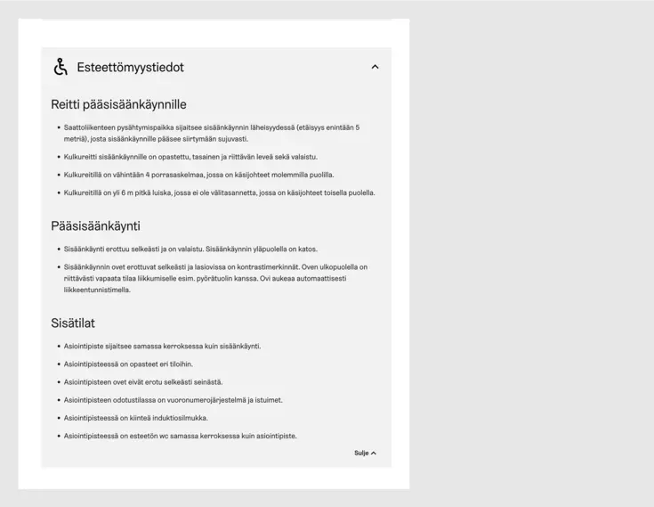 Kuvakaappaus toimipisteen esteettömyystiedoista.