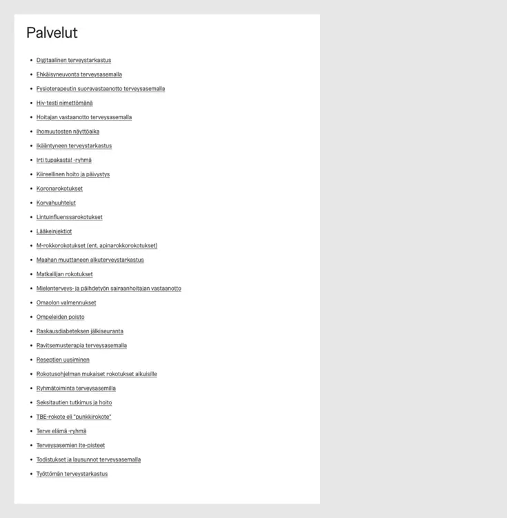 Kuvakaappaus toimipisteen palvelulistauksesta.