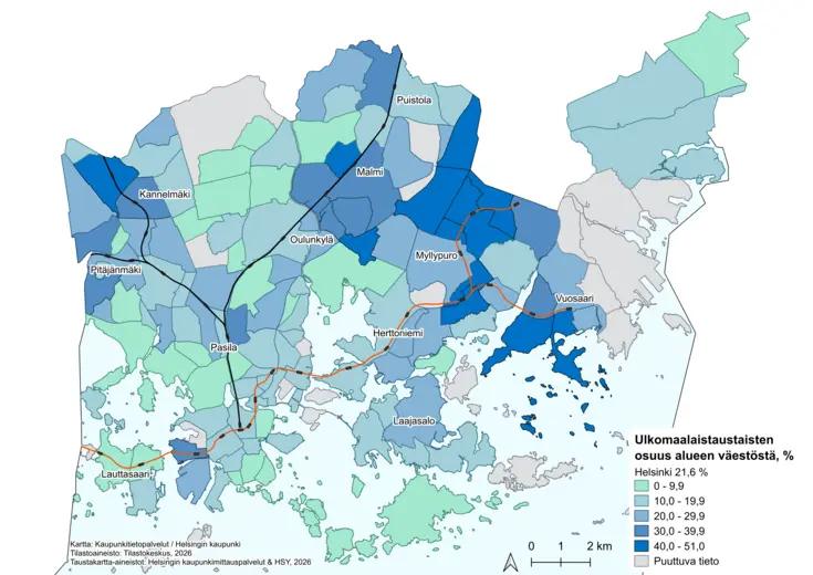 Ulkomaalaistaustaisten alueittaiset prosenttiosuudet väestöstä Helsingissä vuonna 2025.