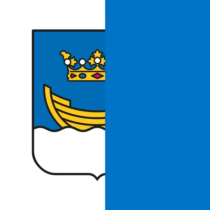 Helsingin sininen vaakuna puolikkaana. Vaakunassa kruunu ja sen alla vene ja vesielementti.