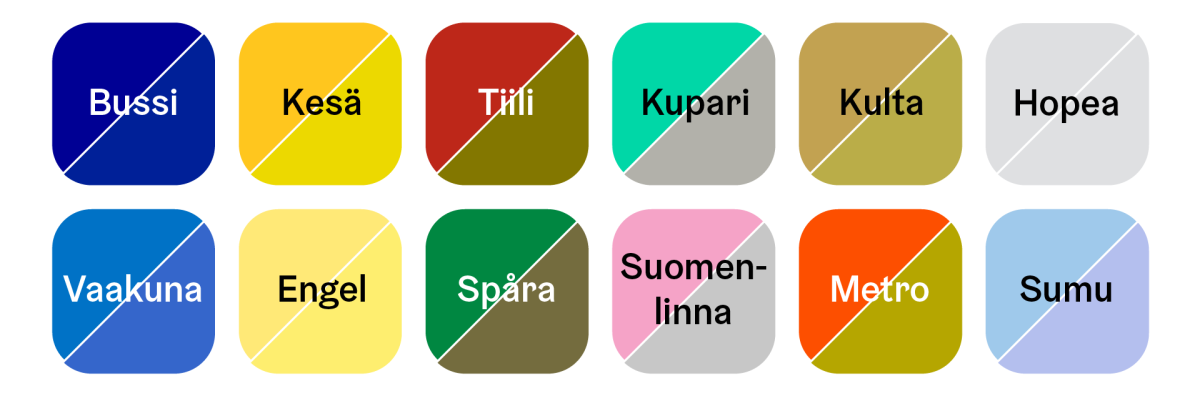Helsingin kaupungin tunnusvärit ja simulaatio siitä, miltä ne näyttävät kaikkein yleisimmällä, deuteranopia-tyyppisellä värinäön poikkeamalla. 