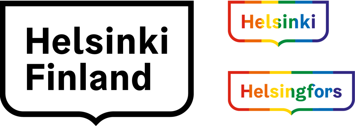 Helsinki Finland kehystunnus mustavalkoinen ja Pride sateenkaarenvärinen Helsinki ja Helsingfors kehystunnus