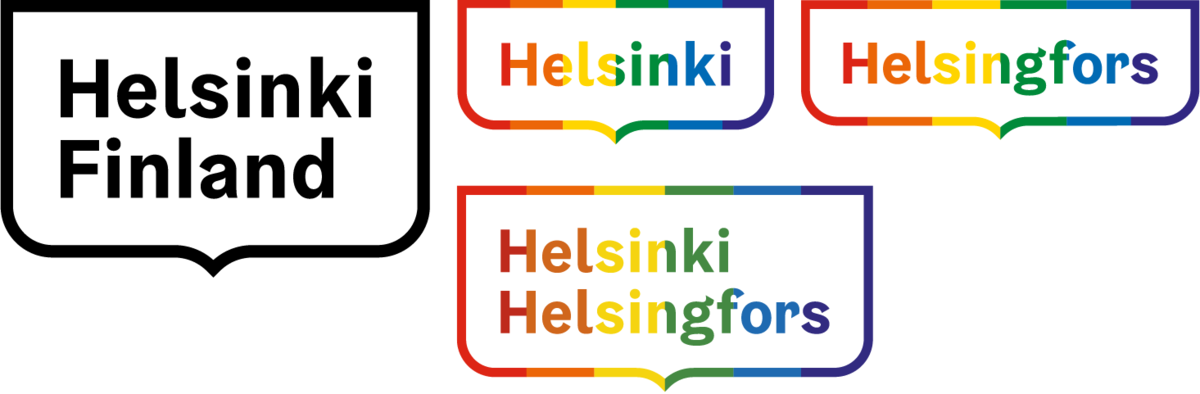 Helsinki Finland kehystunnus mustavalkoinen ja Pride sateenkaarenvärinen Helsinki ja Helsingfors kehystunnus