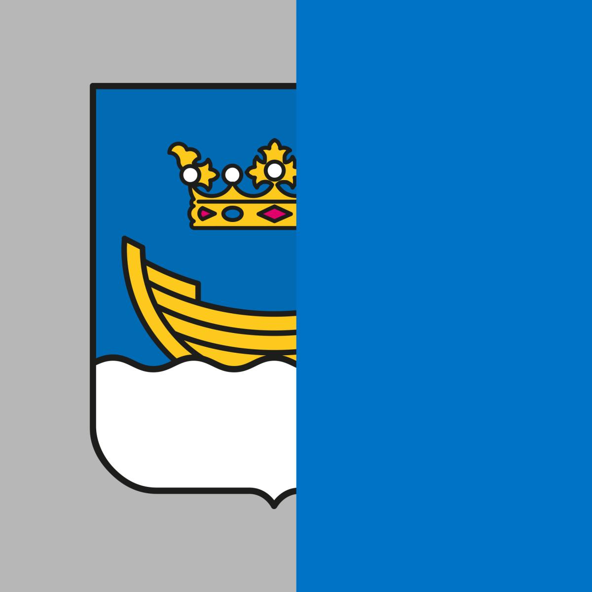 Helsingin sininen vaakuna puolikkaana. Vaakunassa kruunu ja sen alla vene ja vesielementti.
