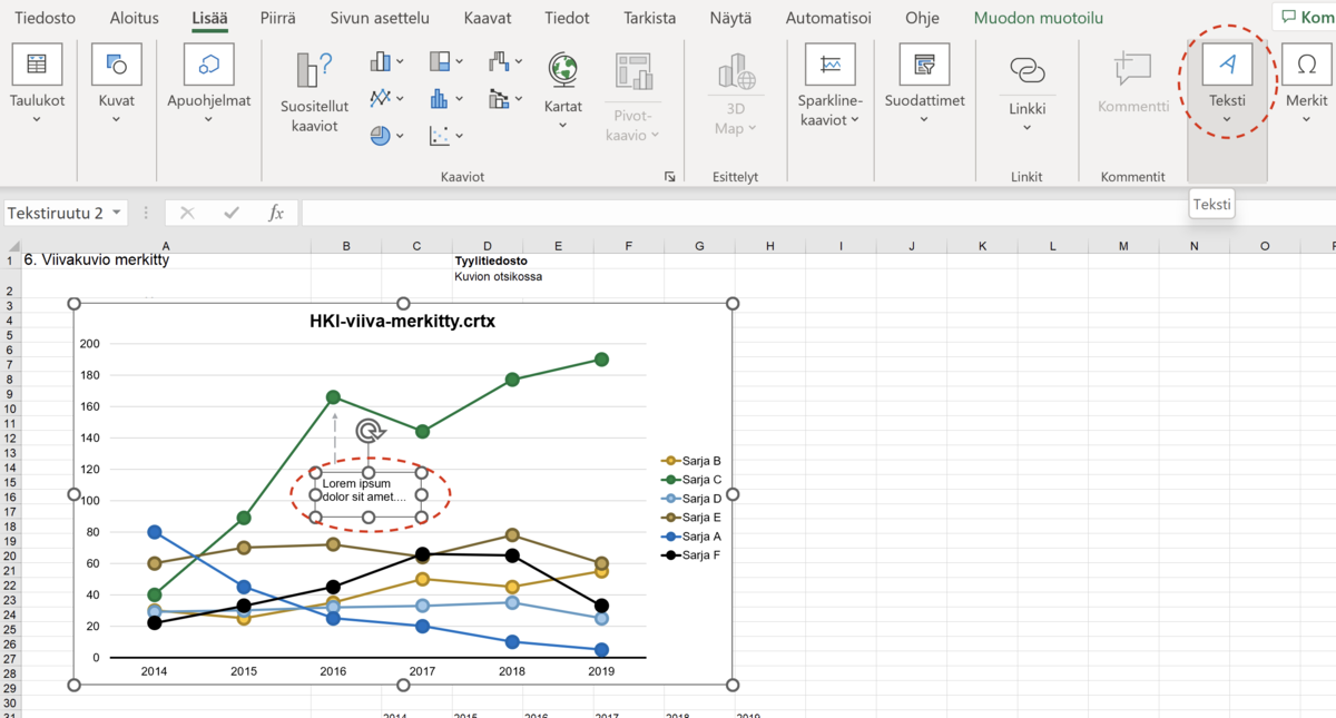 Kommentit kaaviossa, ruutukaappaus Excelistä
