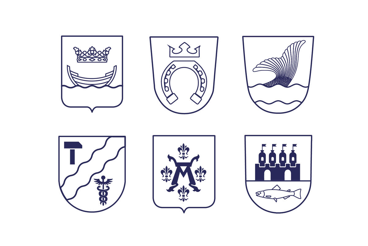 Kuutoskaupunkien vaakunat, Helsinki, Espoo, Vantaa, Tampere, Turku ja Oulu.