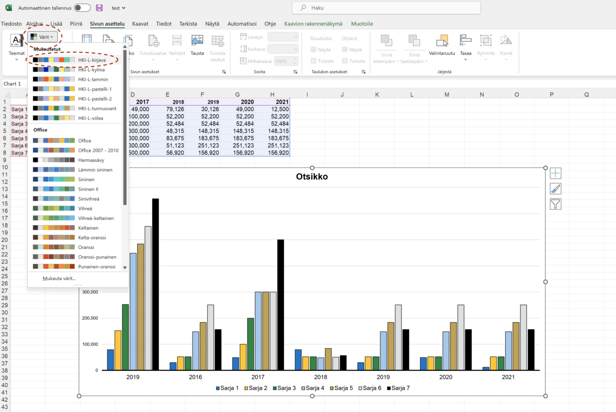 Väriteeman muuttaminen, ruutukaappaus Excelistä