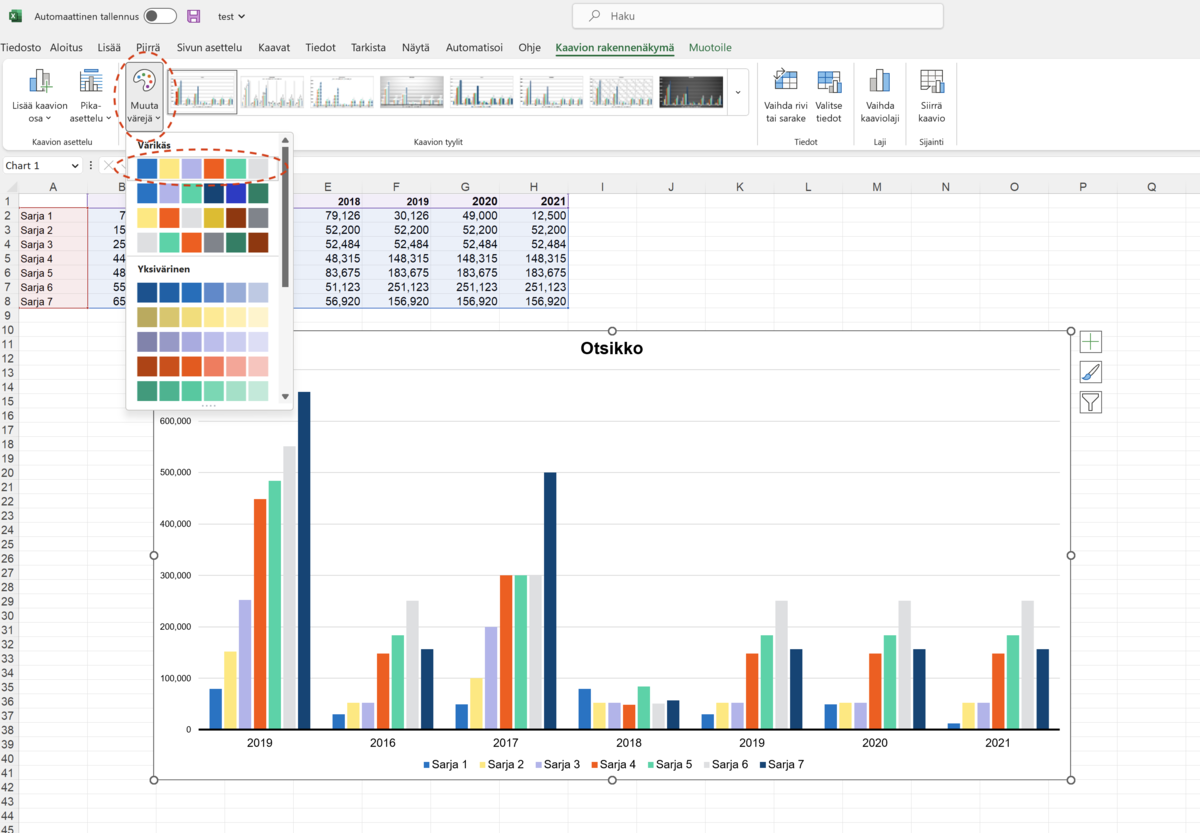 Väriteeman muuttaminen, ruutukaappaus Excelistä