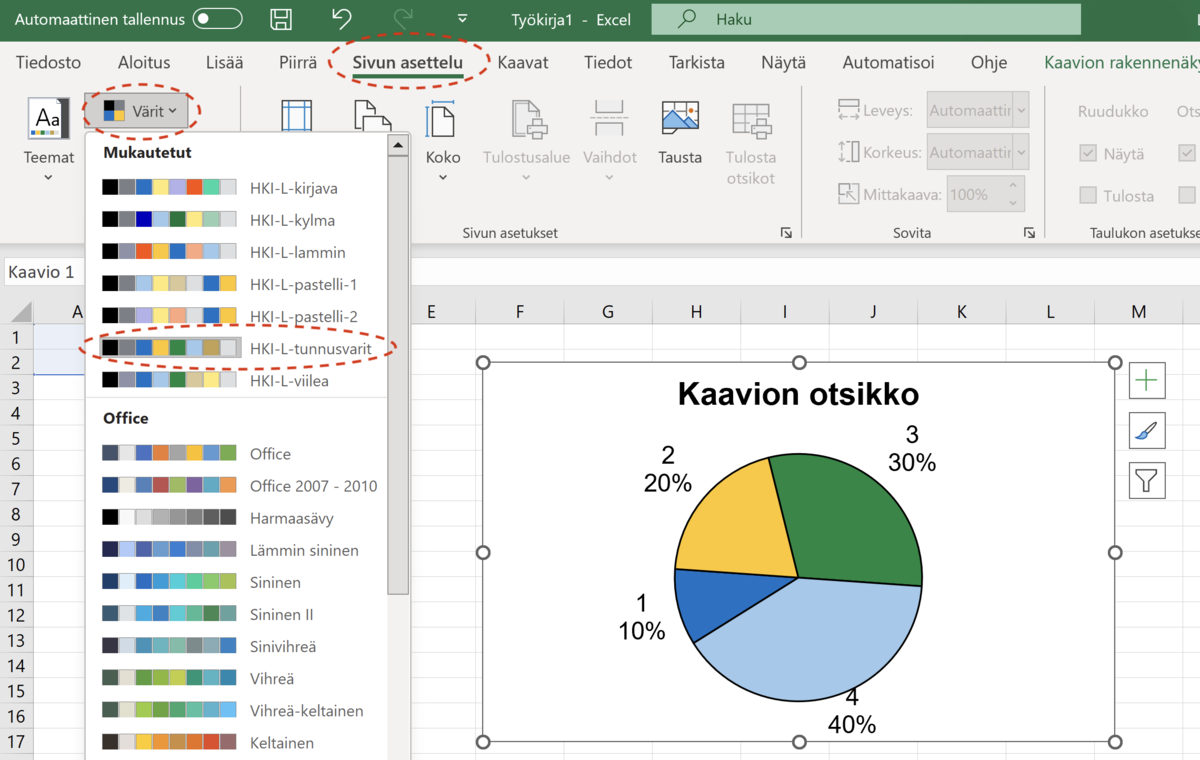 Väriteeman asettaminen, ruutukaappaus Excelistä