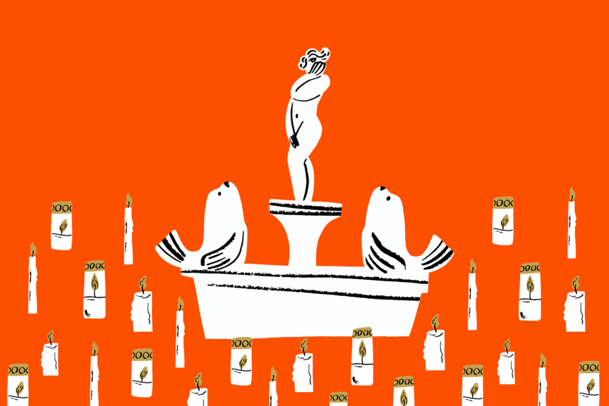 Piirroskuva kynttilöiden ympäröimästä Havis Amandan patsaasta