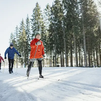 Valoisa tasainen latu ja hiihtäjiä.
