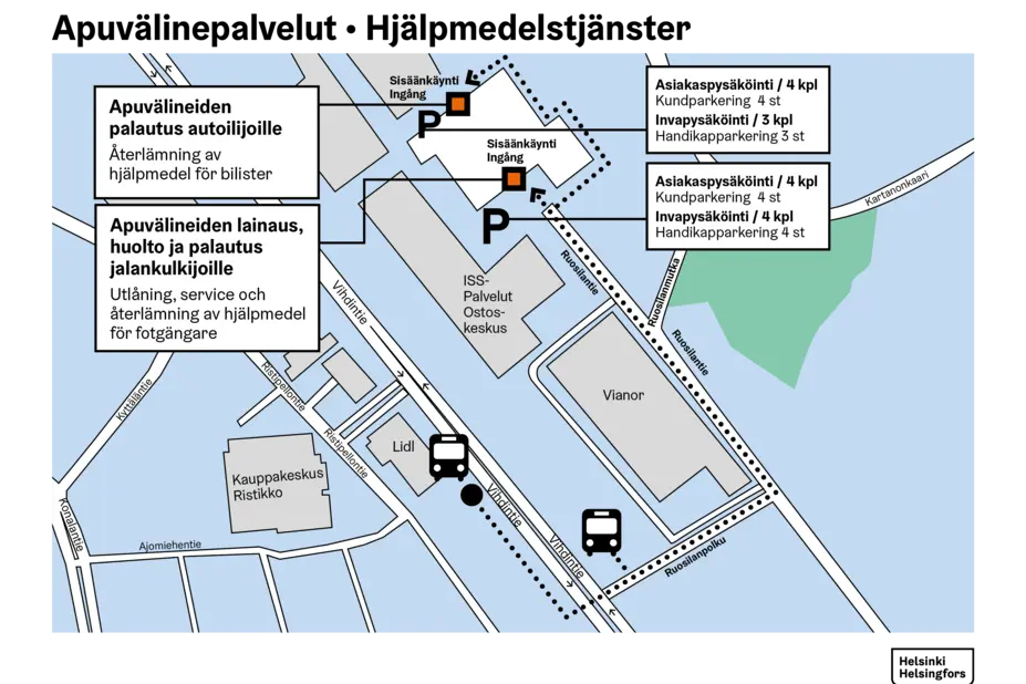 Apuvälineiden palautus autoilijoille ja jalankulkijoille sekä pysäköintipaikat
