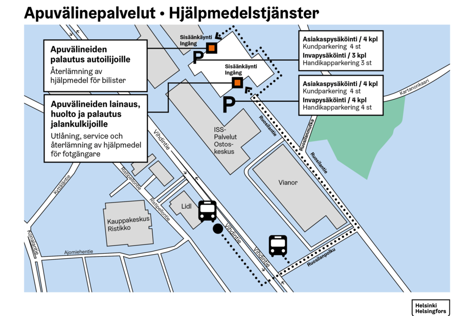 Apuvälineiden palautus autoilijoille ja jalankulkijoille sekä pysäköintipaikat
