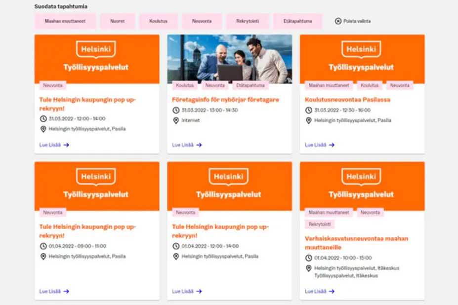 KuvakaappausTyöllisyyspalveluiden tapahtumakalenterista