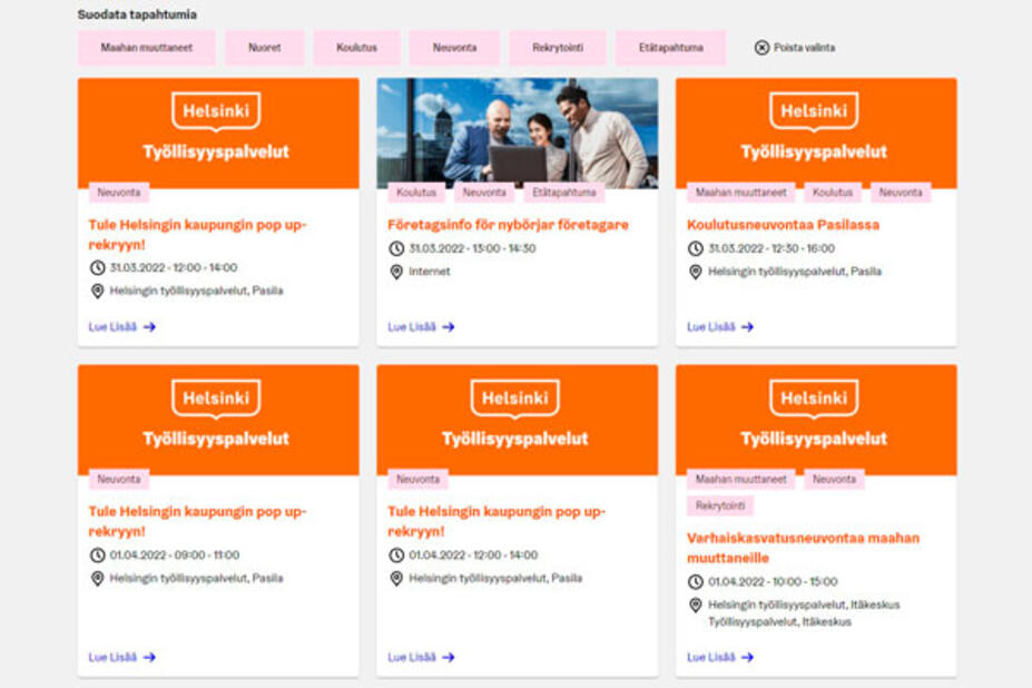 KuvakaappausTyöllisyyspalveluiden tapahtumakalenterista